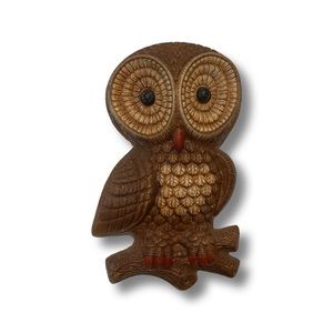 Vintage MCM Owl Perched Branch Wall Plaque Molded Foam Art Decor Big Eyes Brown